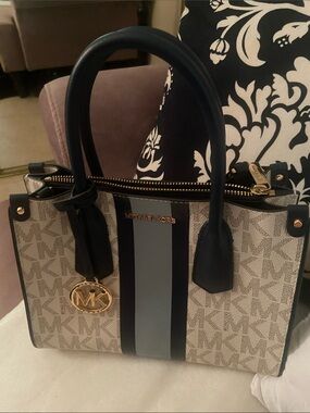 Michael Kors Navy and Light Blue Striped Signature Satchel